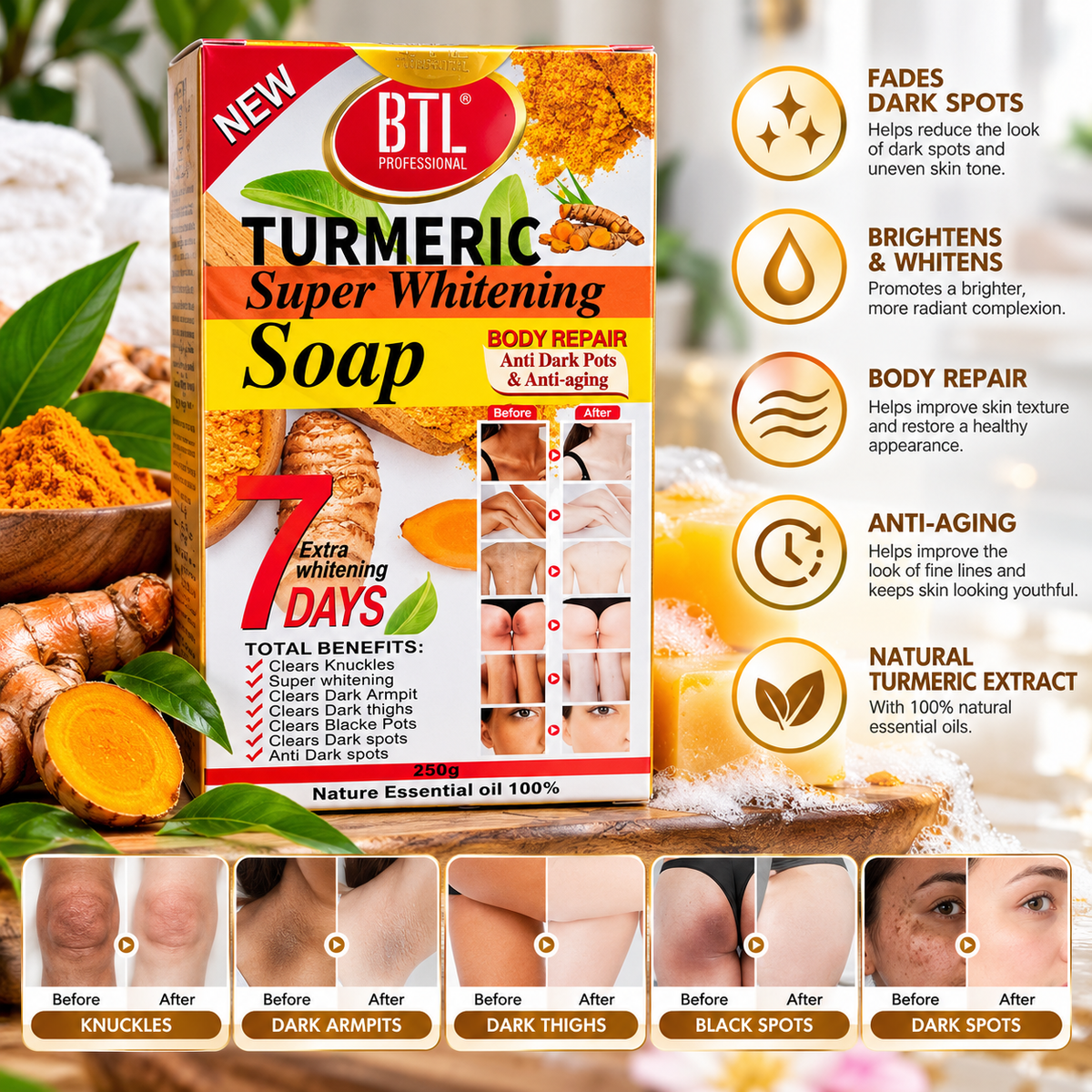 BTL Professional Turmeric Super Whitening Soap – Dark Spot & Skin Brightening Body Soap | 250g