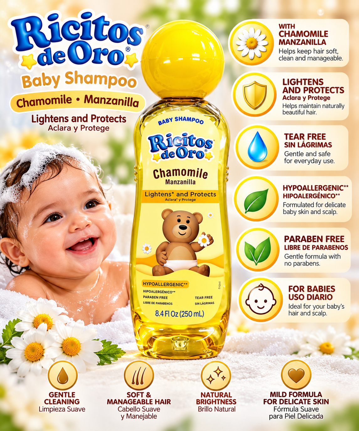Ricitos de Oro Baby Shampoo with Chamomile β Lightens & Protects | Tear-Free & Hypoallergenic | 8.4 fl oz (250 mL)