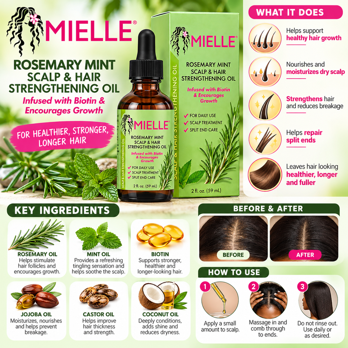 Mielle Rosemary Mint Scalp & Hair Strengthening Oil with Biotin – 2 fl oz (59ml)