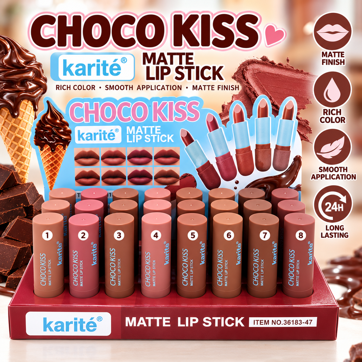Karité Choco Kiss Matte Lipstick – 8 Shades | Wholesale Collection