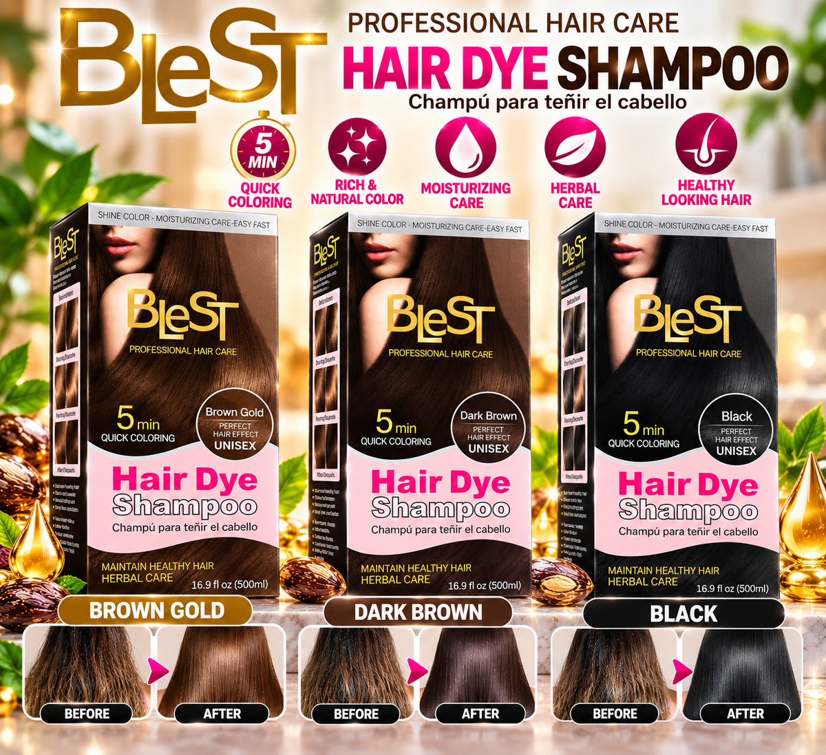 BleST Professional Hair Dye Shampoo – 5-Minute Quick Coloring | 500ml | 3 Colors