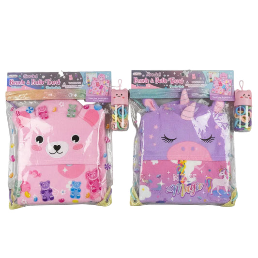 Kids Hooded Beach & Bath Towel Set with Hair Accessories – Gummy Bear or Unicorn
