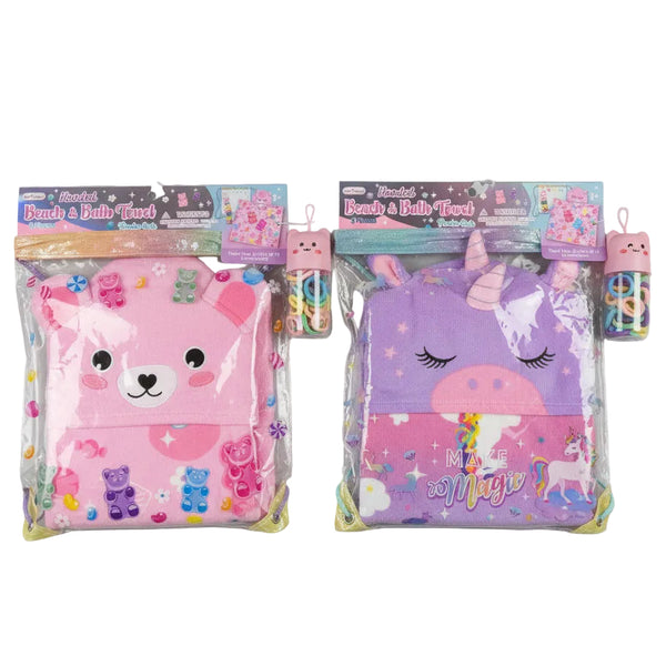 Kids Hooded Beach & Bath Towel Set with Hair Accessories – Gummy Bear or Unicorn