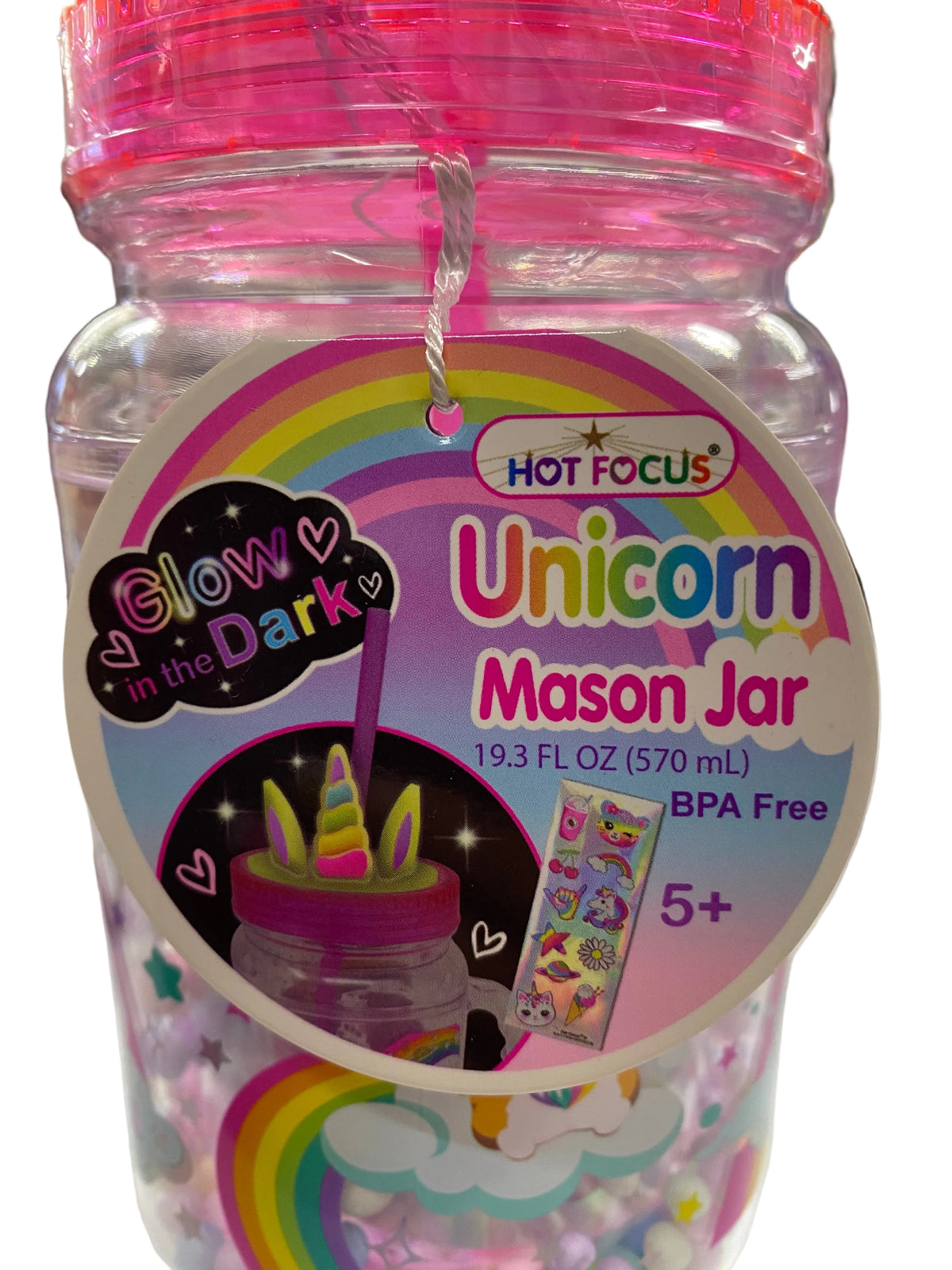 Glow in the Dark Unicorn Mason Jar with Straw – 19.3 fl oz (570 mL)