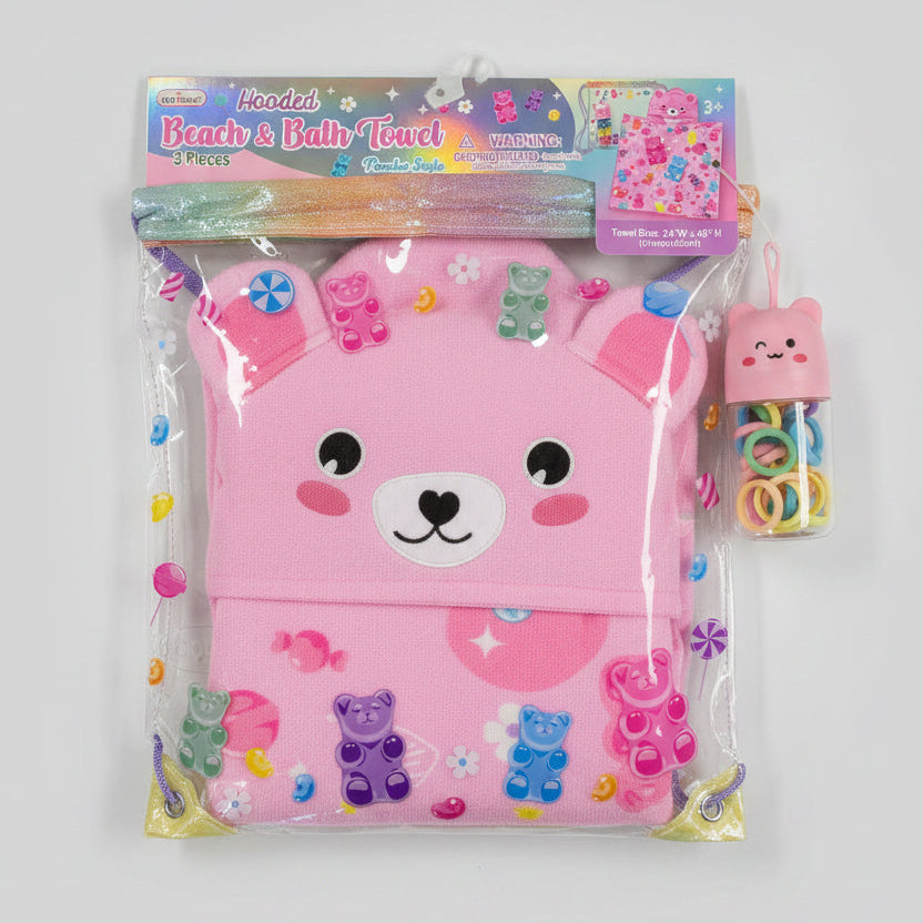 Kids Hooded Beach & Bath Towel Set with Hair Accessories – Gummy Bear or Unicorn