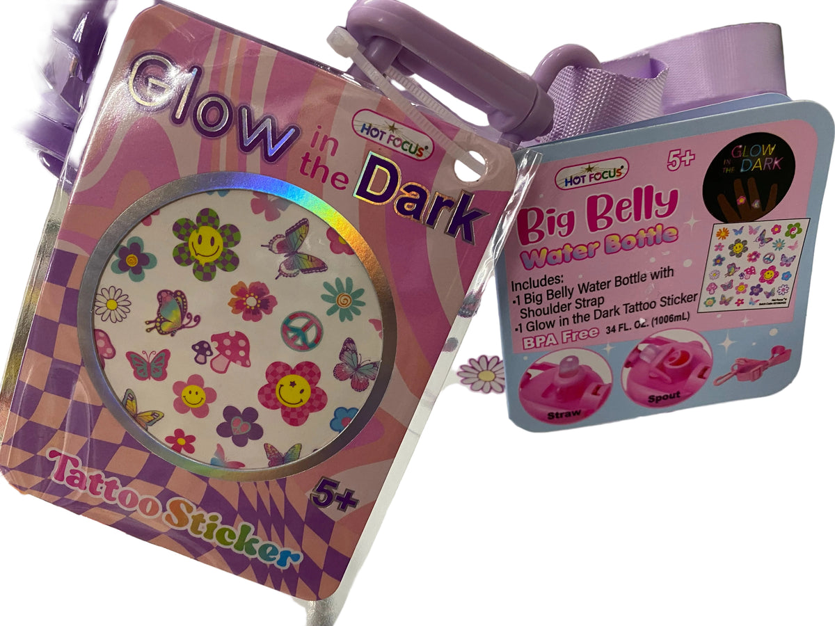 Big Belly Kids Water Bottle with Shoulder Strap & Glow-in-the-Dark Tattoo Sticker – 34 fl oz (1006 mL)