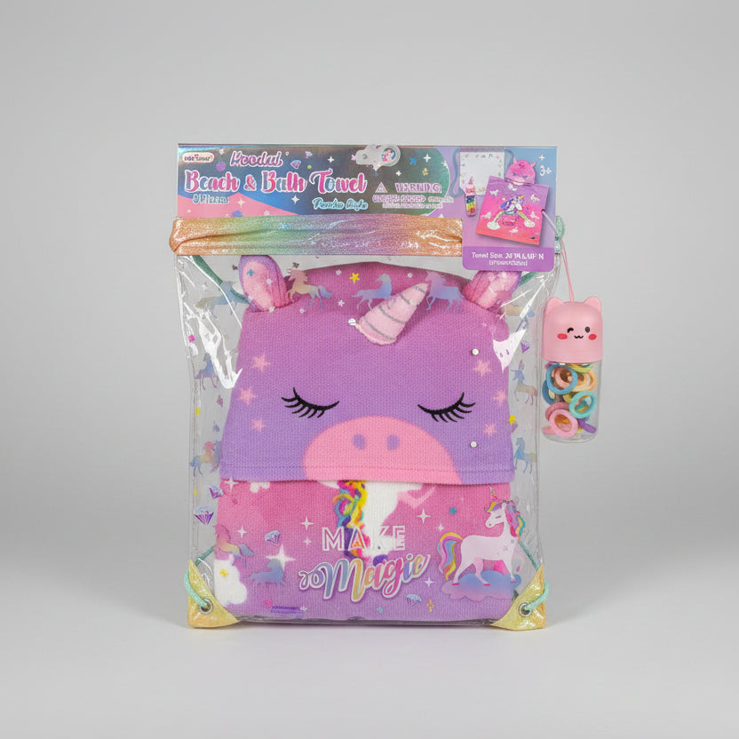 Kids Hooded Beach & Bath Towel Set with Hair Accessories – Gummy Bear or Unicorn
