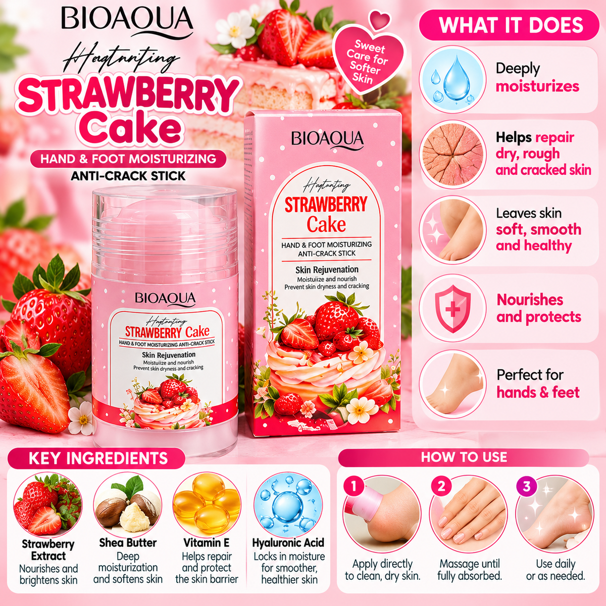 BIOAQUA Strawberry Cake Hand & Foot Moisturizing Anti-Crack Stick – Hydrating Skin Care Balm