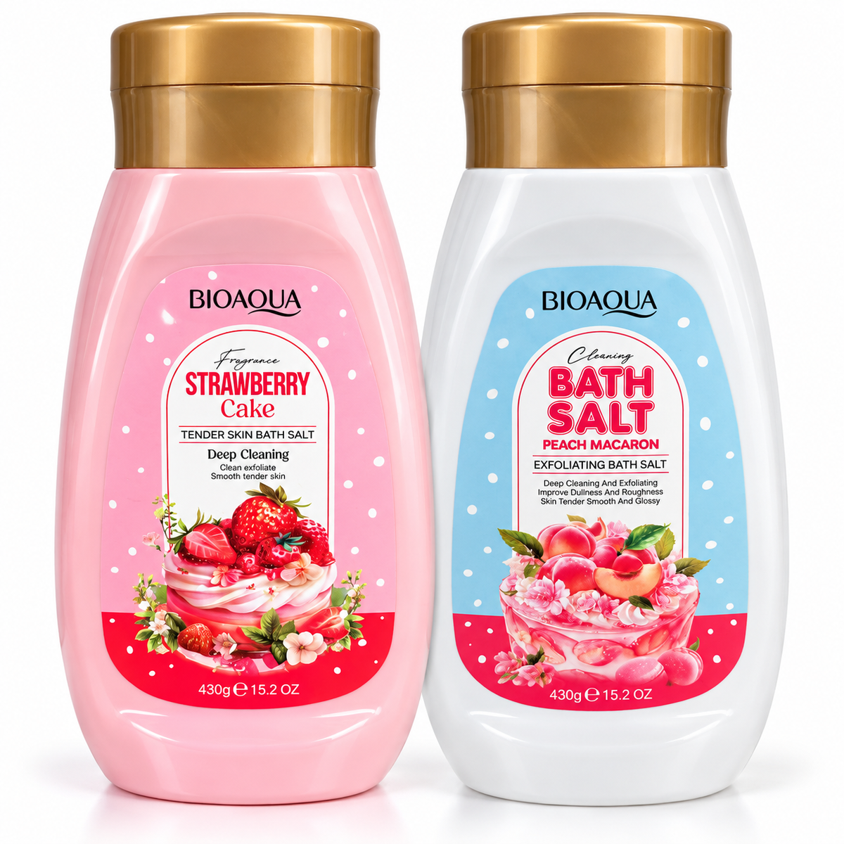 BIOAQUA Exfoliating Bath Salt Collection – Strawberry Cake & Peach Macaron 430g