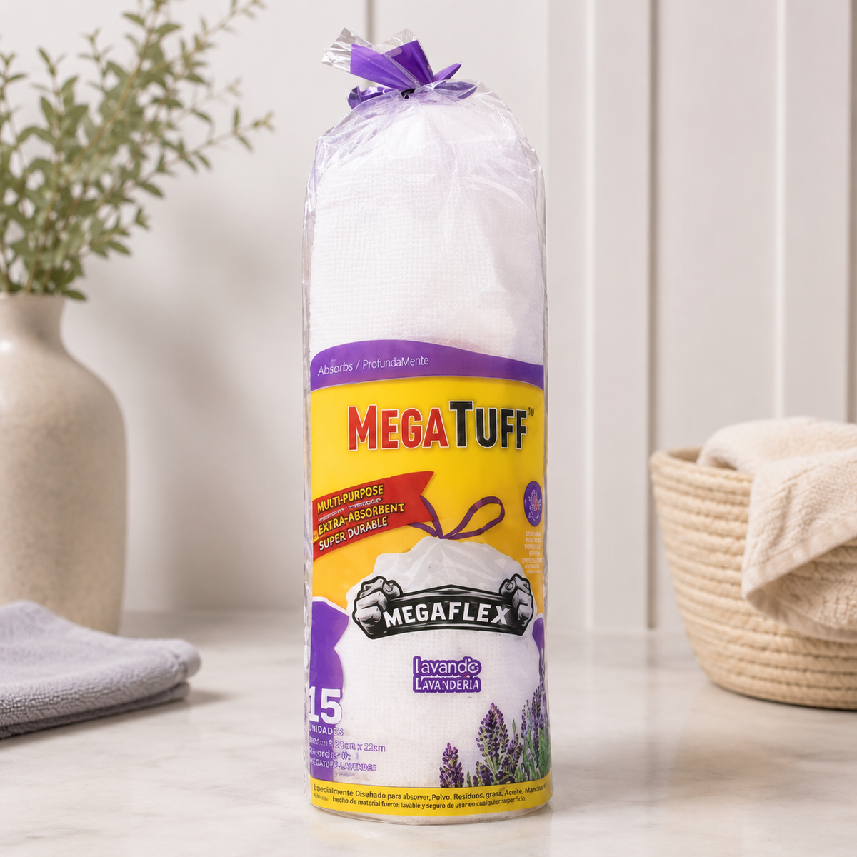 MegaTuff MegaFlex Tall Kitchen Drawstring Trash Bags – Lavender Scent (15 Count)