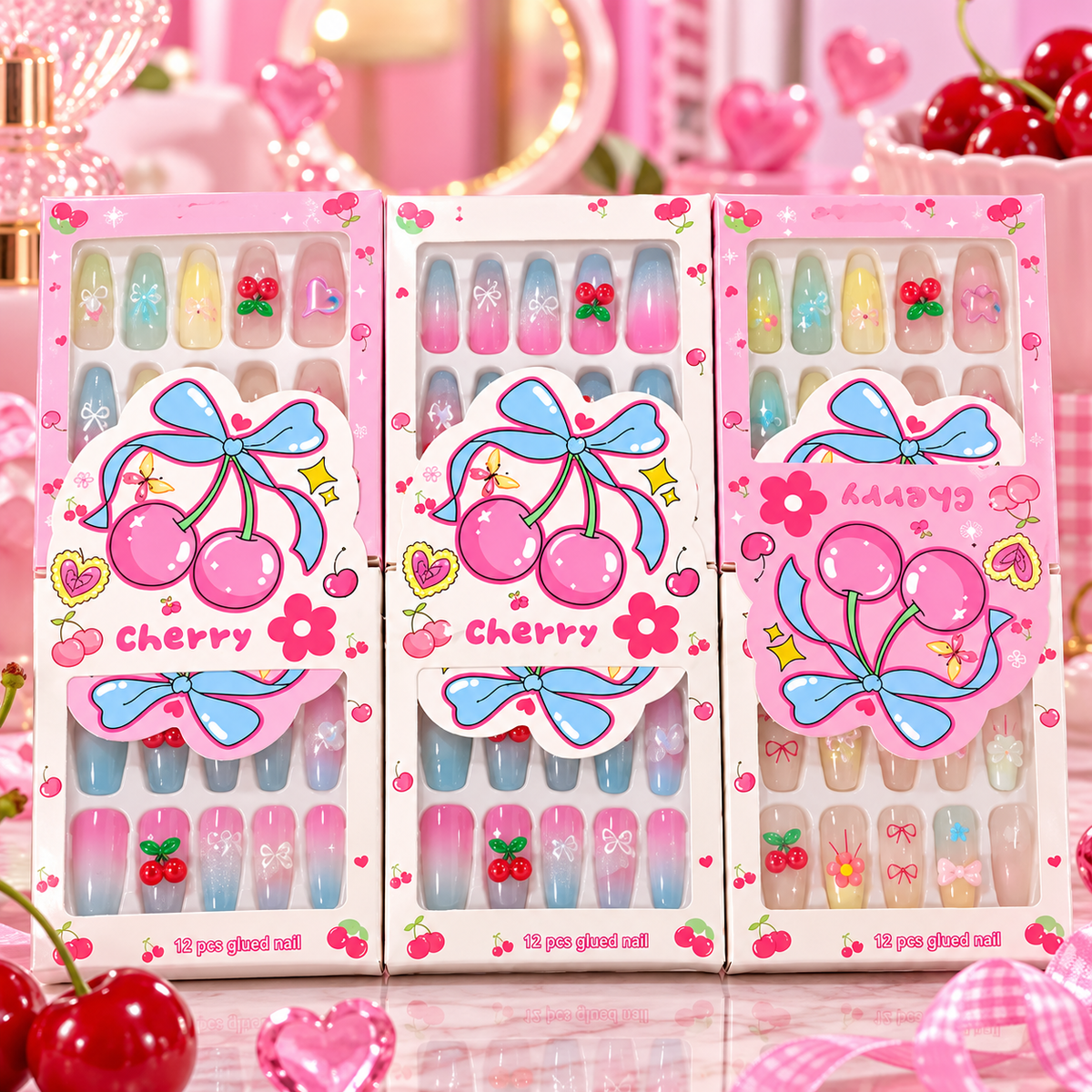 🍒 Cherry Bow Press-On Nails – 12 Piece Set