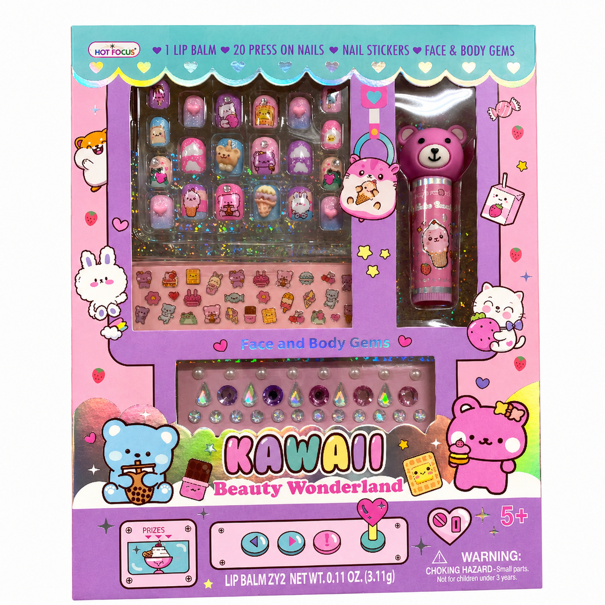 Kawaii Beauty Wonderland 20 Press-On Nails Gift Set with Lip Balm, Stickers & Face Gems