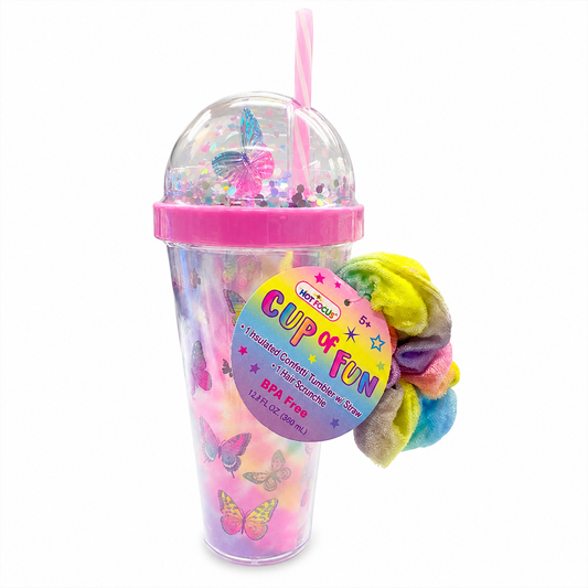 Cup of Fun Butterfly Confetti Tumbler with Scrunchie – 12.2 fl oz (360 mL)