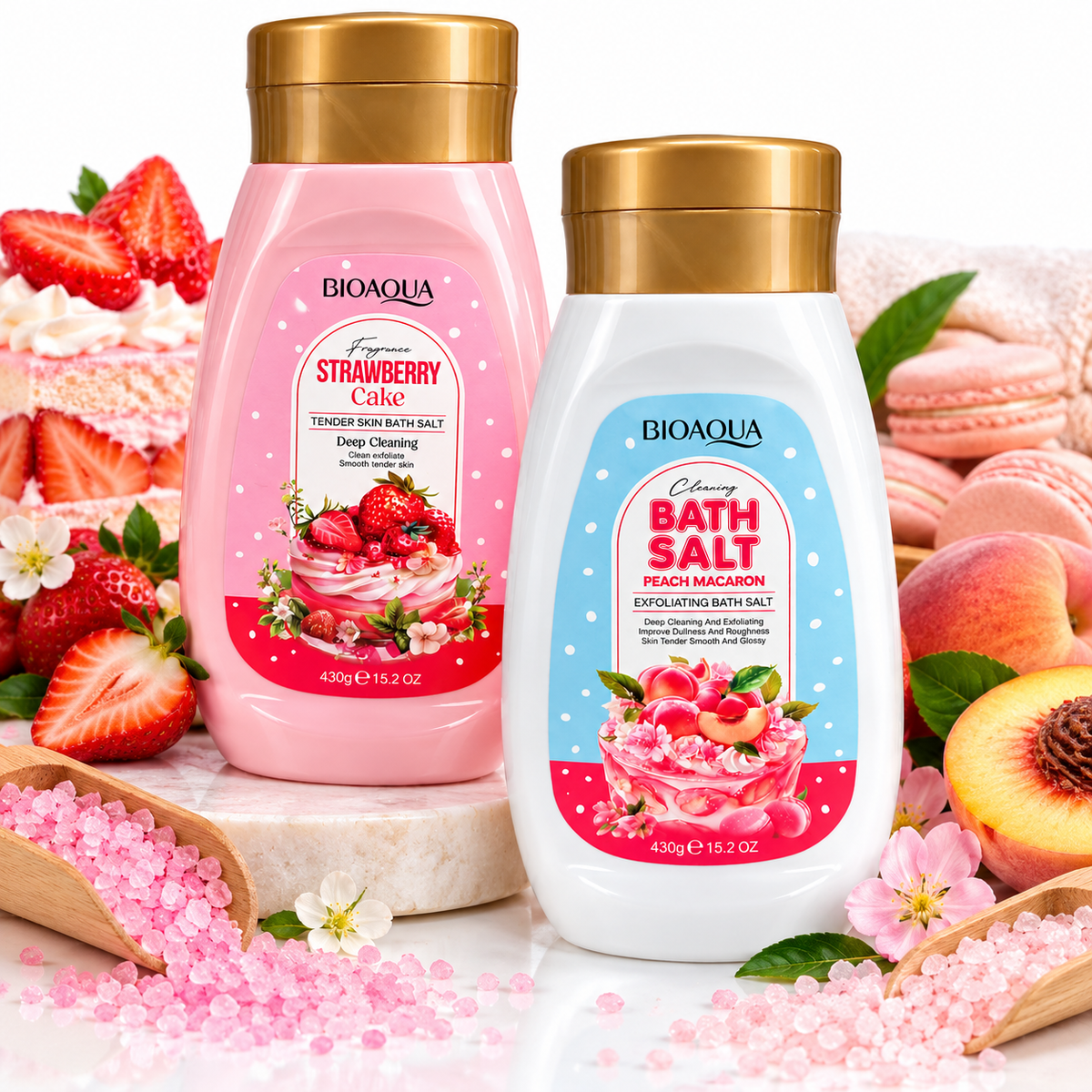BIOAQUA Exfoliating Bath Salt Collection – Strawberry Cake & Peach Macaron 430g
