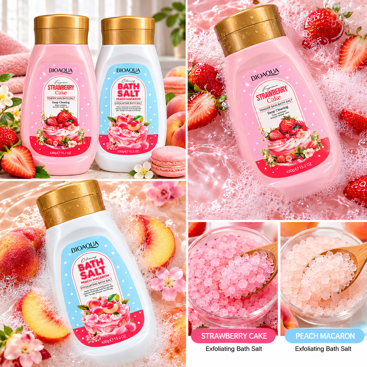 BIOAQUA Exfoliating Bath Salt Collection – Strawberry Cake & Peach Macaron 430g