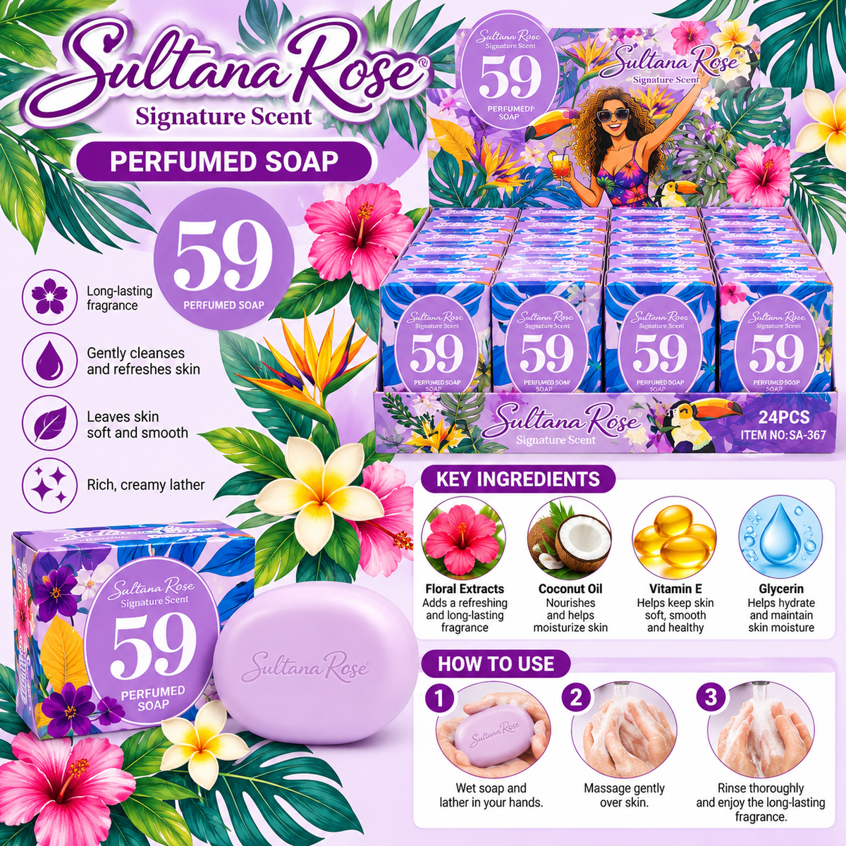 Sultana Rose Signature Scent #62 Perfumed Soap – Vanilla Bloom | 24-Piece Wholesale Box