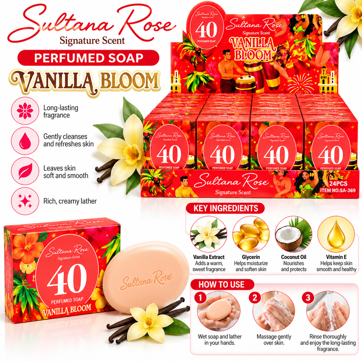 Sultana Rose Signature Scent #62 Perfumed Soap – Vanilla Bloom | 24-Piece Wholesale Box
