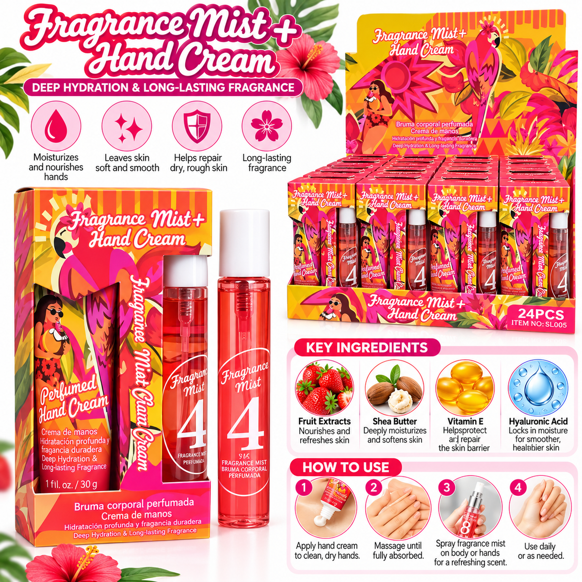 Fragrance Mist &amp; Perfumed Hand Cream Duo Set – Tropical Collection | 4 Assorted Styles
