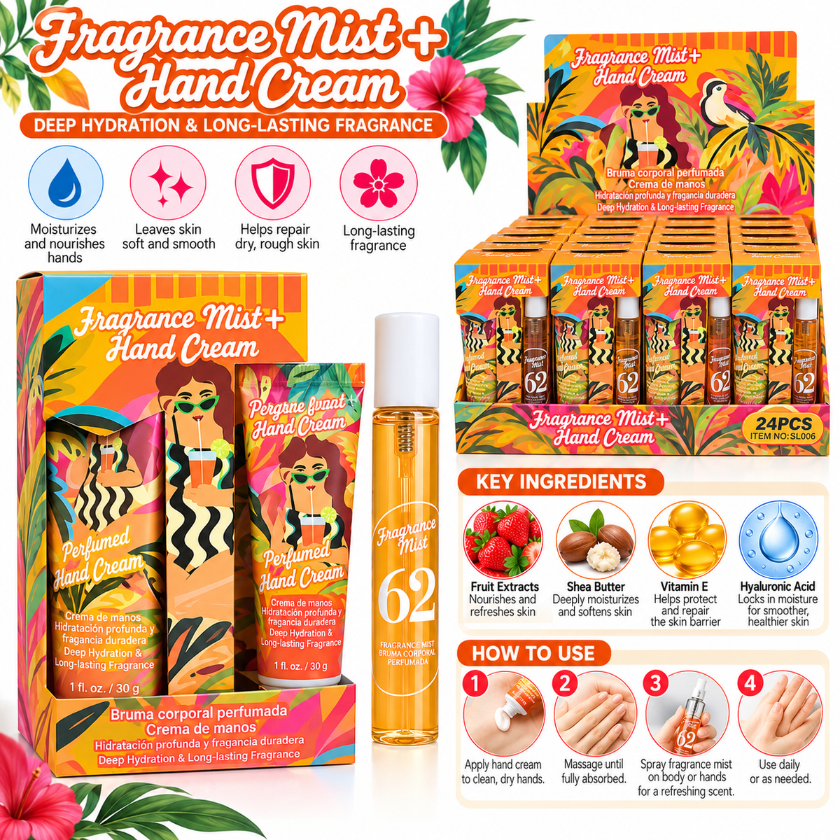 Fragrance Mist &amp; Perfumed Hand Cream Duo Set – Tropical Collection | 4 Assorted Styles