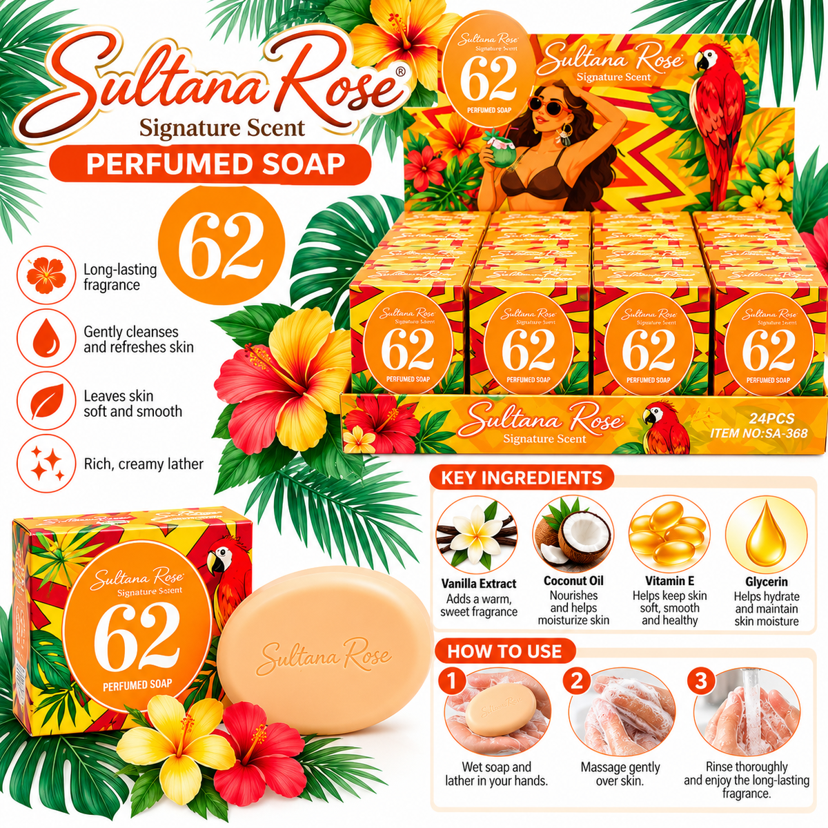 Sultana Rose Signature Scent #62 Perfumed Soap – Vanilla Bloom | 24-Piece Wholesale Box