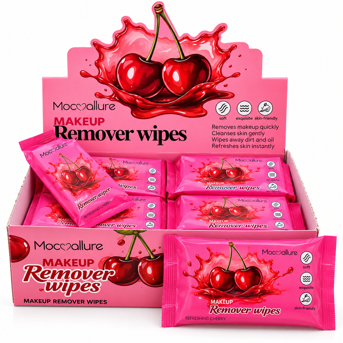 Mocallure Refreshing Cherry Makeup Remover Wipes – 24 Pack Display Box