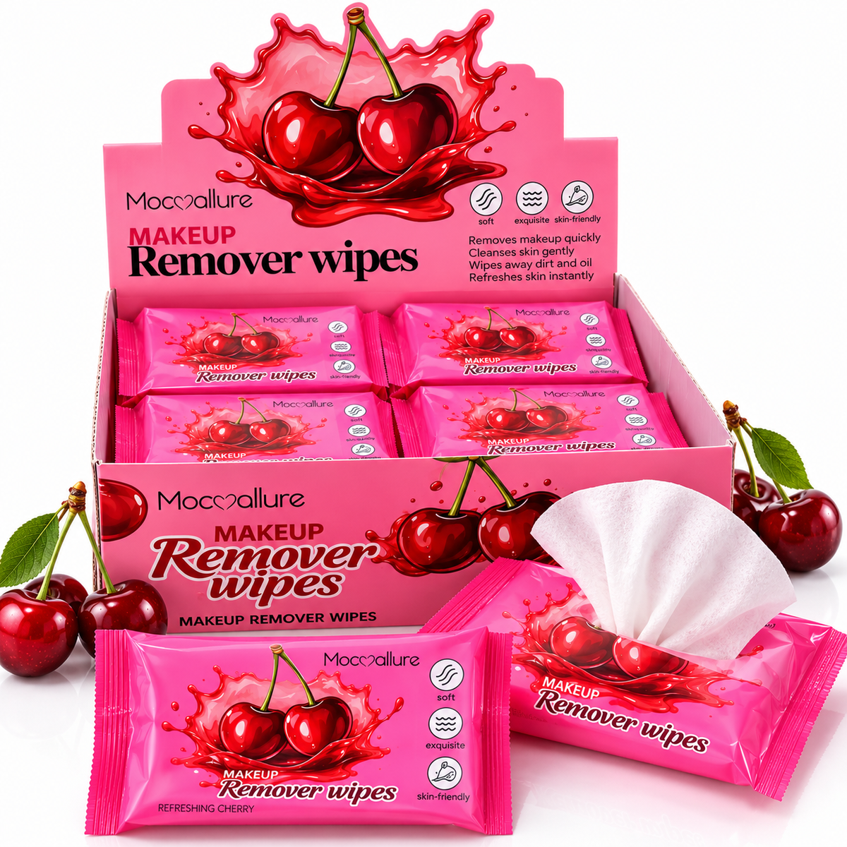 Mocallure Refreshing Cherry Makeup Remover Wipes – 24 Pack Display Box